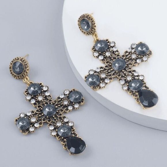 GOLD BLACK  AND WHITE CRYSTAL CROSS DANGLE EARRINGS - Picture 1 of 2